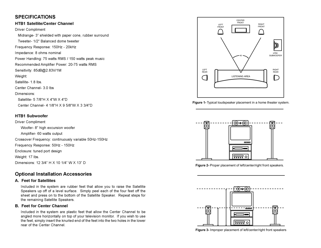 MTX Audio manual Specifications, Optional Installation Accessories, HTB1 Satellite/Center Channel, HTB1 Subwoofer 