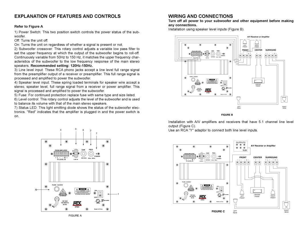 MTX Audio HTB1 manual Explanation Of Features And Controls, Wiring And Connections, Refer to Figure A 