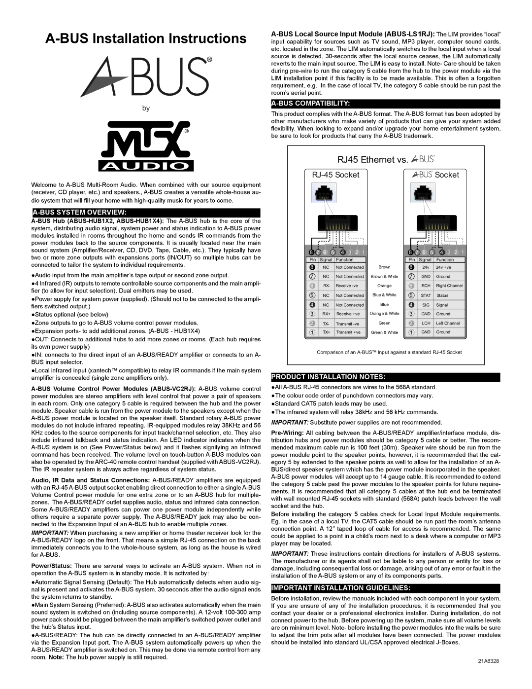 MTX Audio HUB1X2, HUB1X4 installation instructions BUS System Overview, BUS Compatibility, Product Installation Notes 