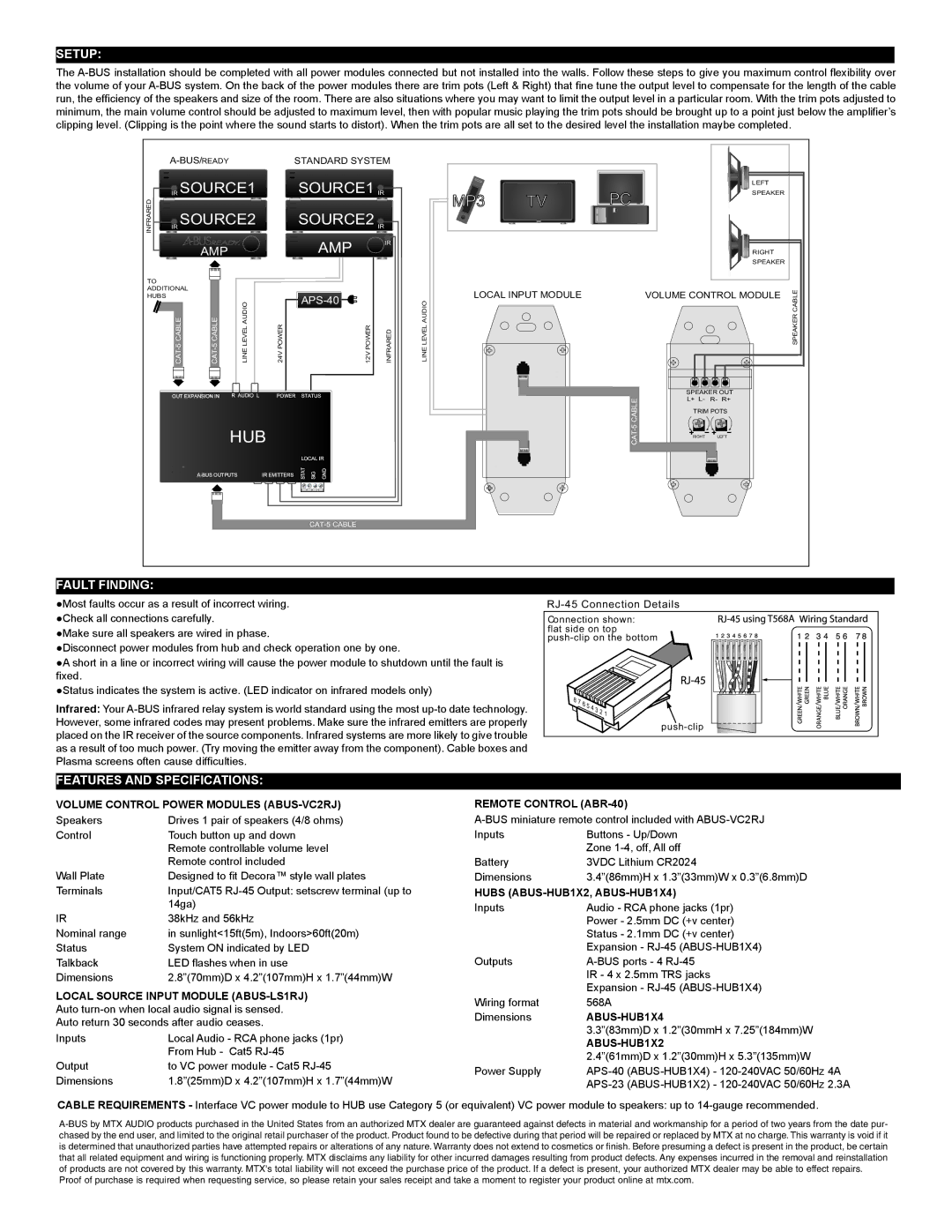 MTX Audio HUB1X4, HUB1X2 installation instructions Setup, Fault Finding, Features and Specifications 