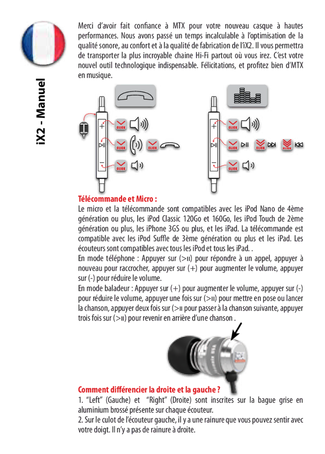 MTX Audio iX2 manual IX2 Manuel, Télécommande et Micro, Comment différencier la droite et la gauche ? 