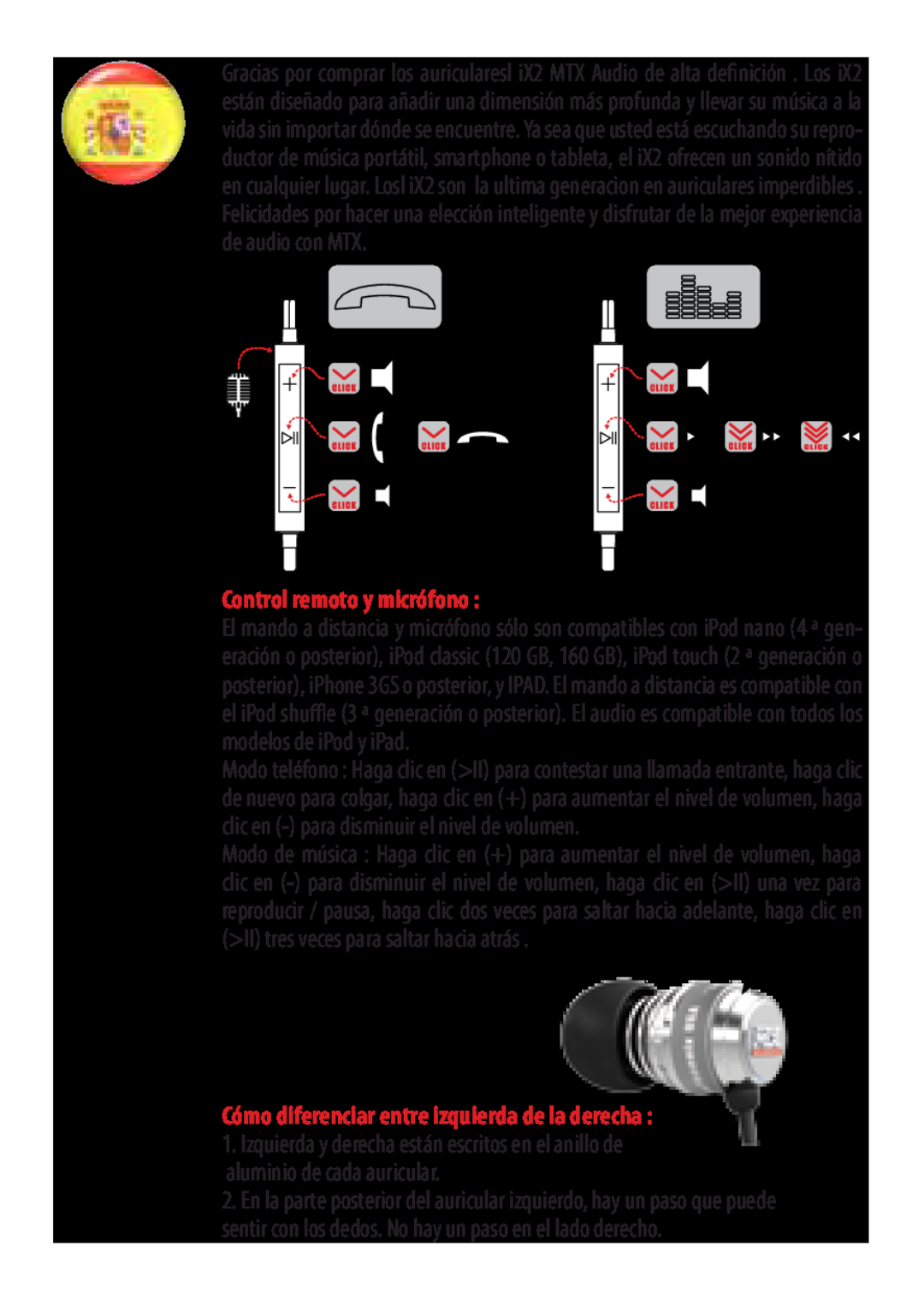 MTX Audio manual iX2 - Manual del Usuario, Control remoto y micrófono, Cómo diferenciar entre izquierda de la derecha 