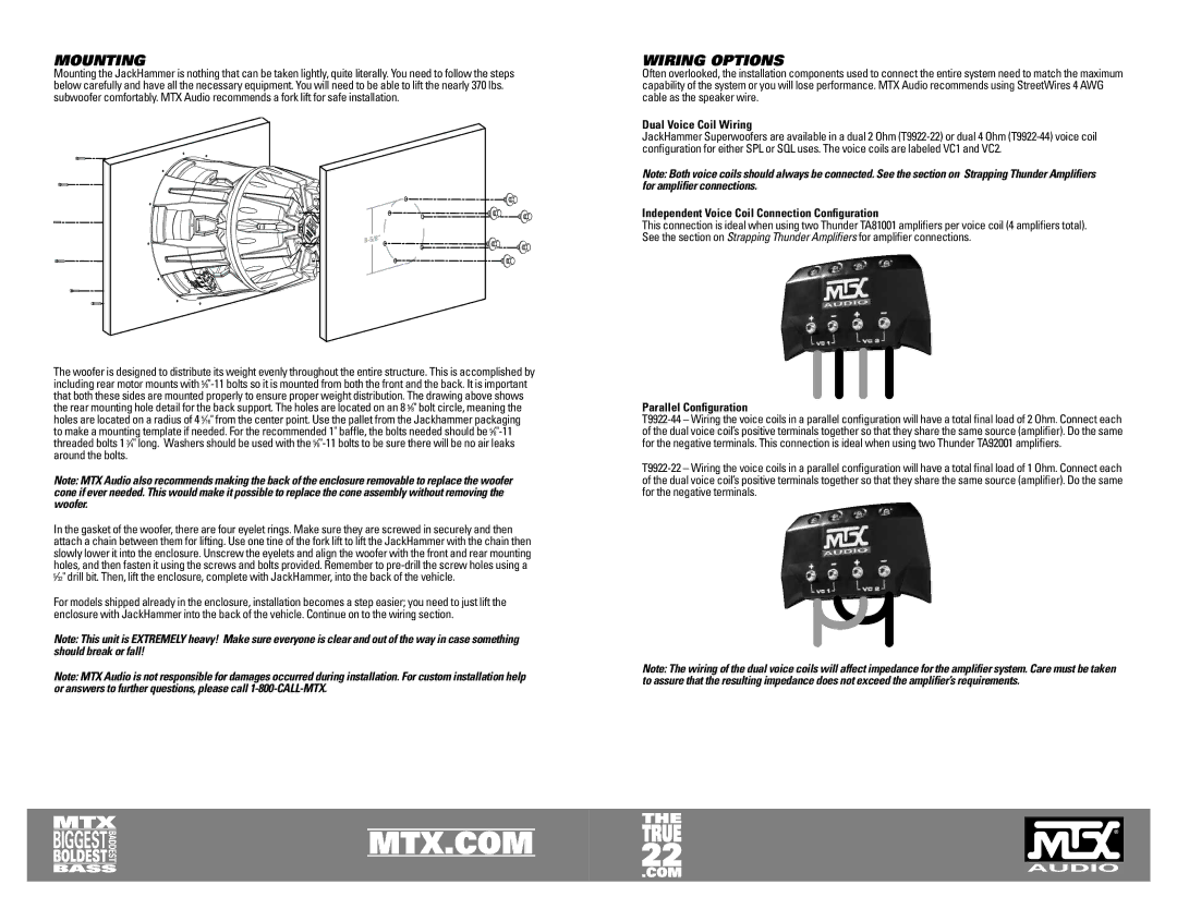 MTX Audio JackHammer Mounting, Wiring Options, Dual Voice Coil Wiring, Independent Voice Coil Connection Conﬁguration 