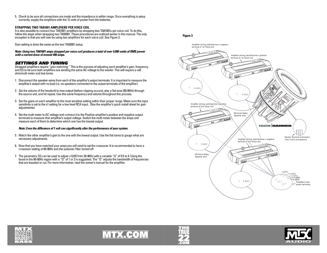 MTX Audio JackHammer owner manual Settings and Tuning, Strapping TWO TA81001 Amplifiers PER Voice Coil 