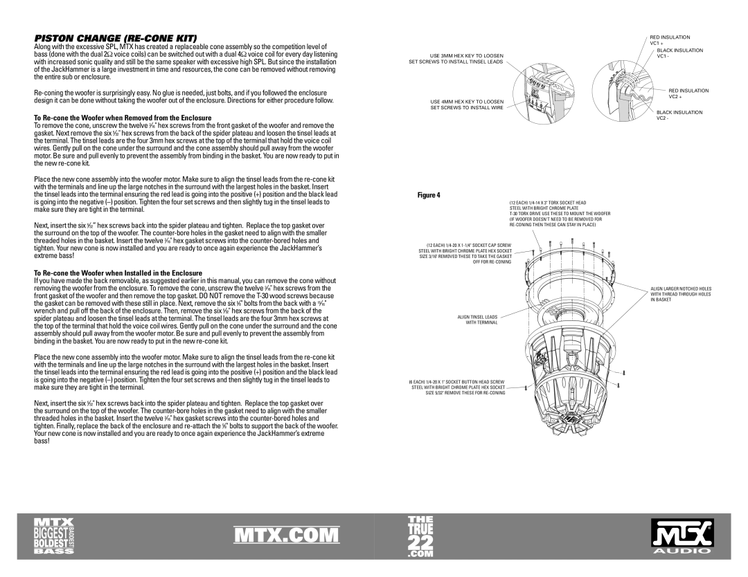 MTX Audio JackHammer owner manual Piston Change RE-CONE KIT, To Re-cone the Woofer when Removed from the Enclosure 