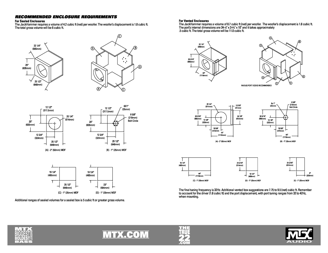 MTX Audio JackHammer owner manual Recommended Enclosure Requirements, For Sealed Enclosures, For Vented Enclosures 