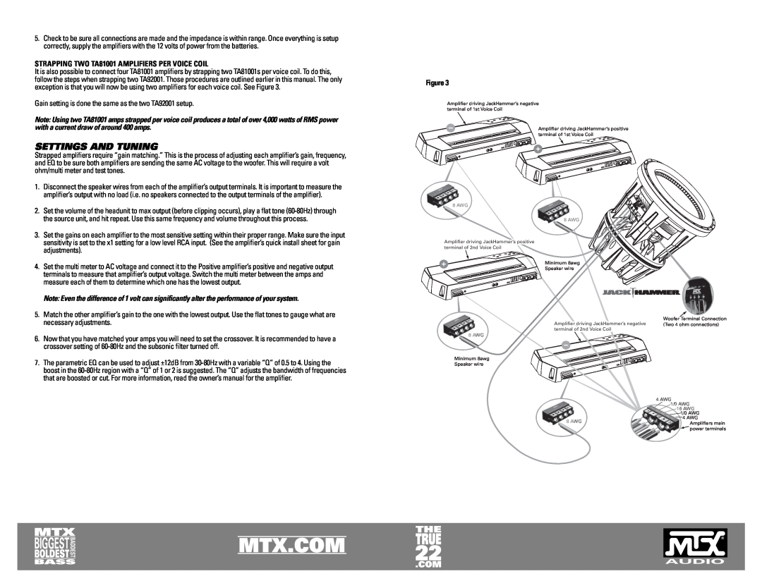 MTX Audio JackHammer owner manual Settings And Tuning, STRAPPING TWO TA81001 AMPLIFIERS PER VOICE COIL 