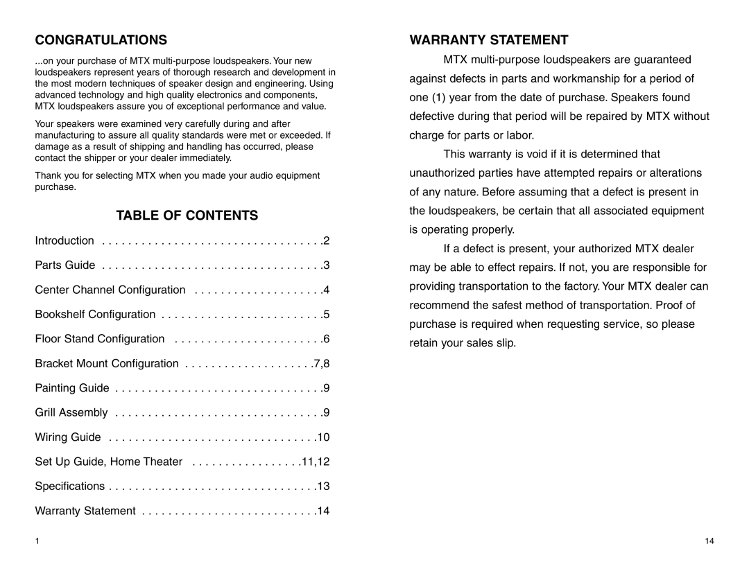 MTX Audio MP41B, MP41W owner manual Congratulations, Table of Contents, Warranty Statement 