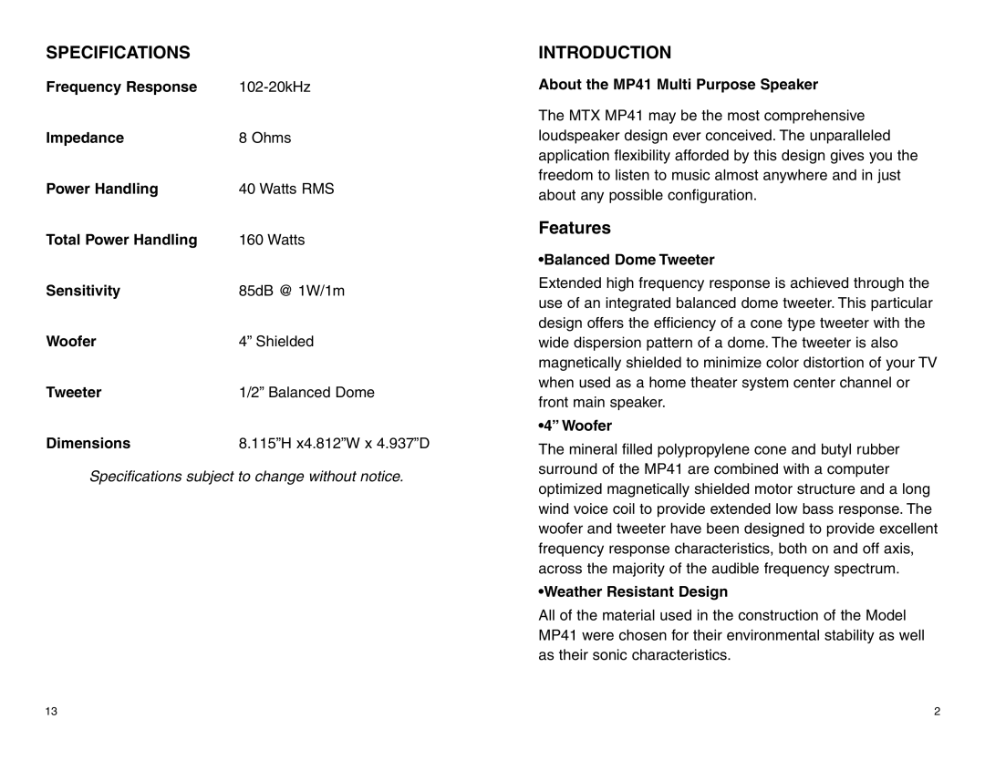 MTX Audio MP41W, MP41B owner manual Specifications, Introduction 