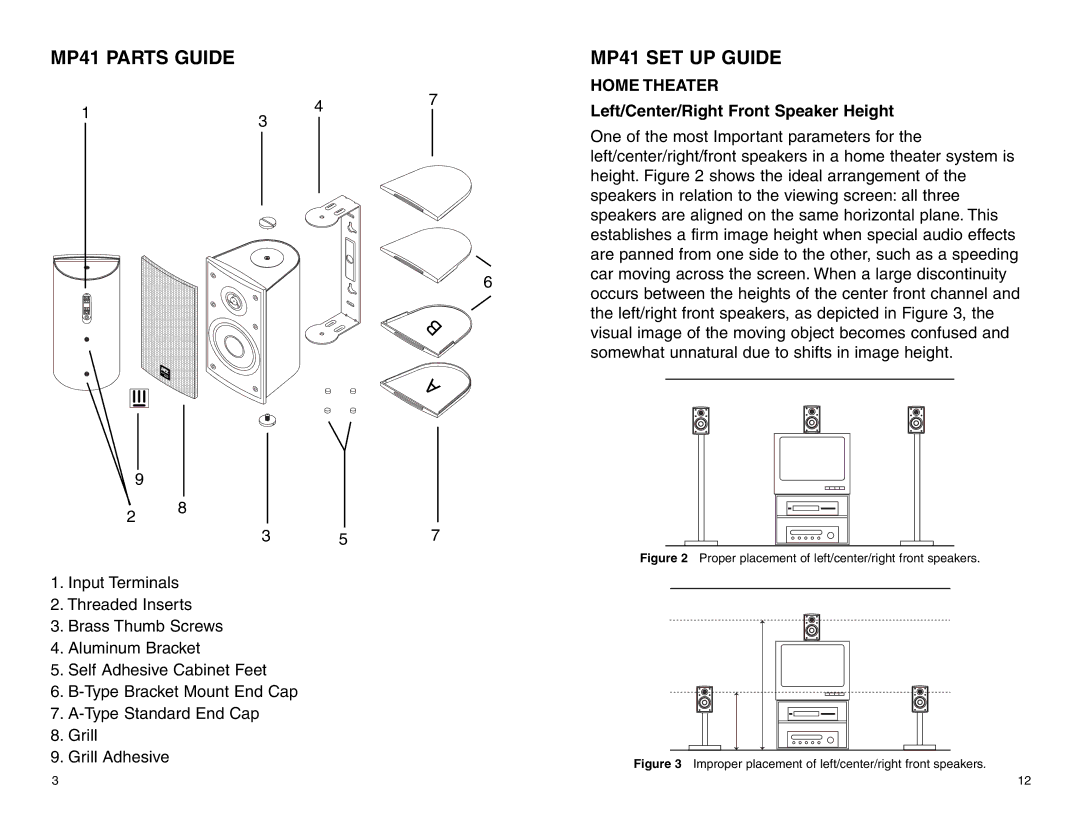 MTX Audio MP41B, MP41W MP41 Parts Guide, MP41 SET UP Guide, Home Theater, Left/Center/Right Front Speaker Height 