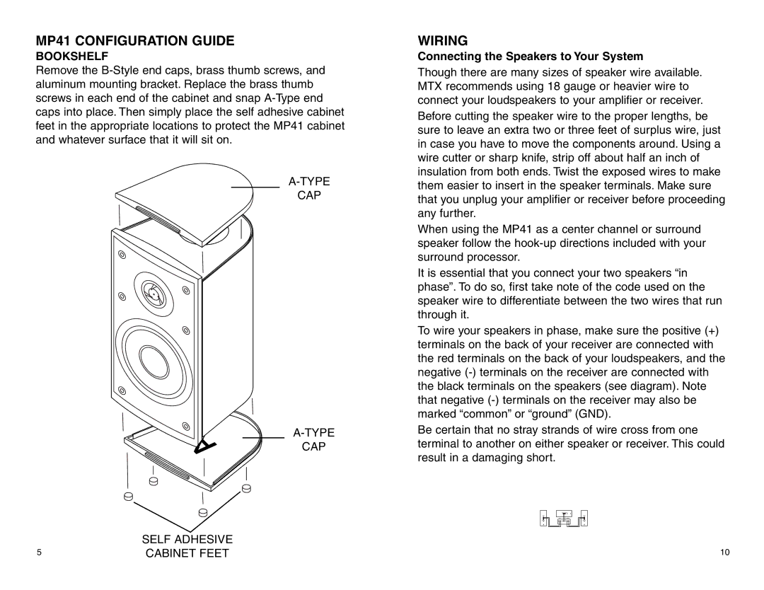 MTX Audio MP41B, MP41W owner manual Wiring, Bookshelf, Connecting the Speakers to Your System 