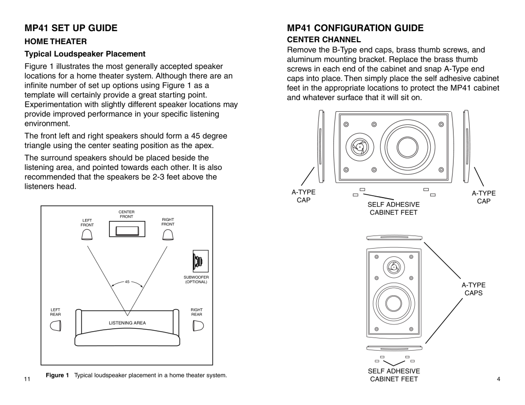 MTX Audio MP41W MP41 CONFIGURATION GUIDE, MP41 SET UP GUIDE, HOME THEATER Typical Loudspeaker Placement, Center Channel 