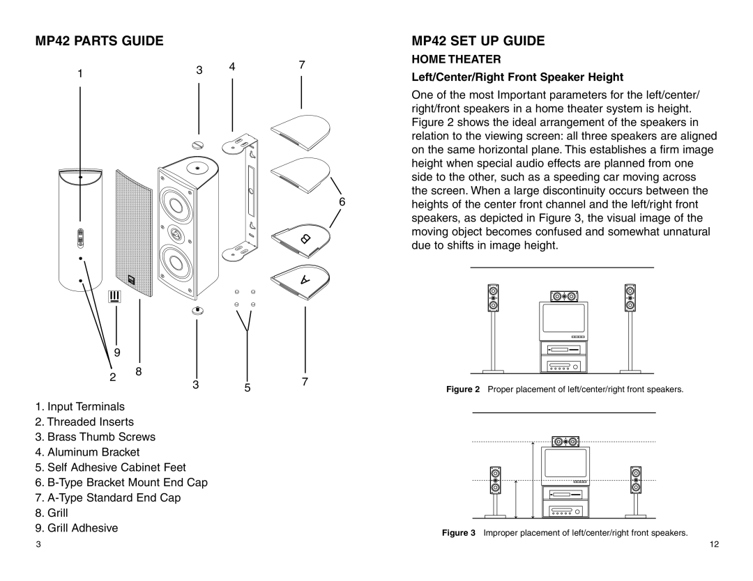 MTX Audio MP42B/ MP42W owner manual MP42 SET UP Guide, Home Theater, Left/Center/Right Front Speaker Height 