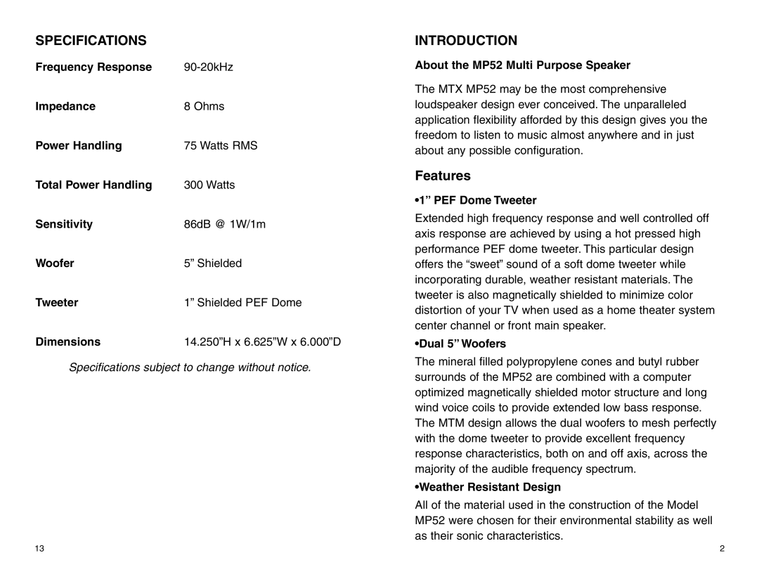 MTX Audio MP52B owner manual Specifications, Introduction 