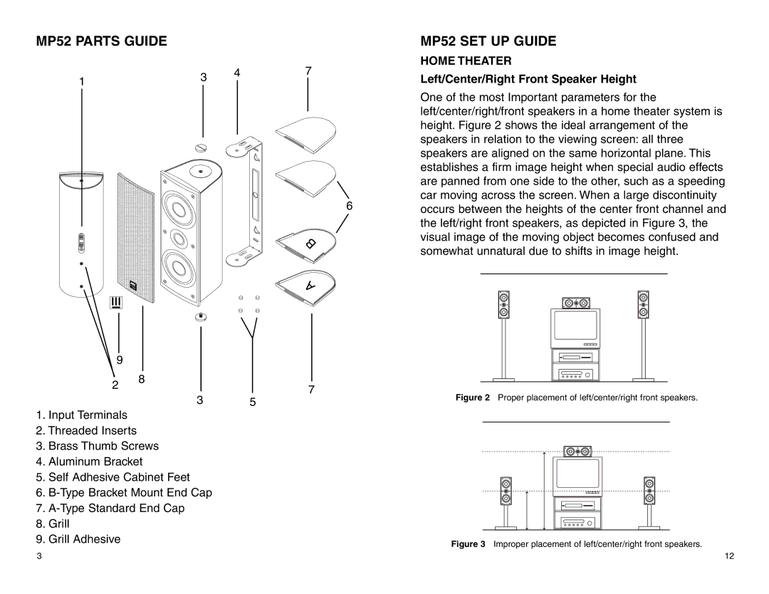 MTX Audio MP52B owner manual MP52 SET UP Guide, Home Theater, Left/Center/Right Front Speaker Height 