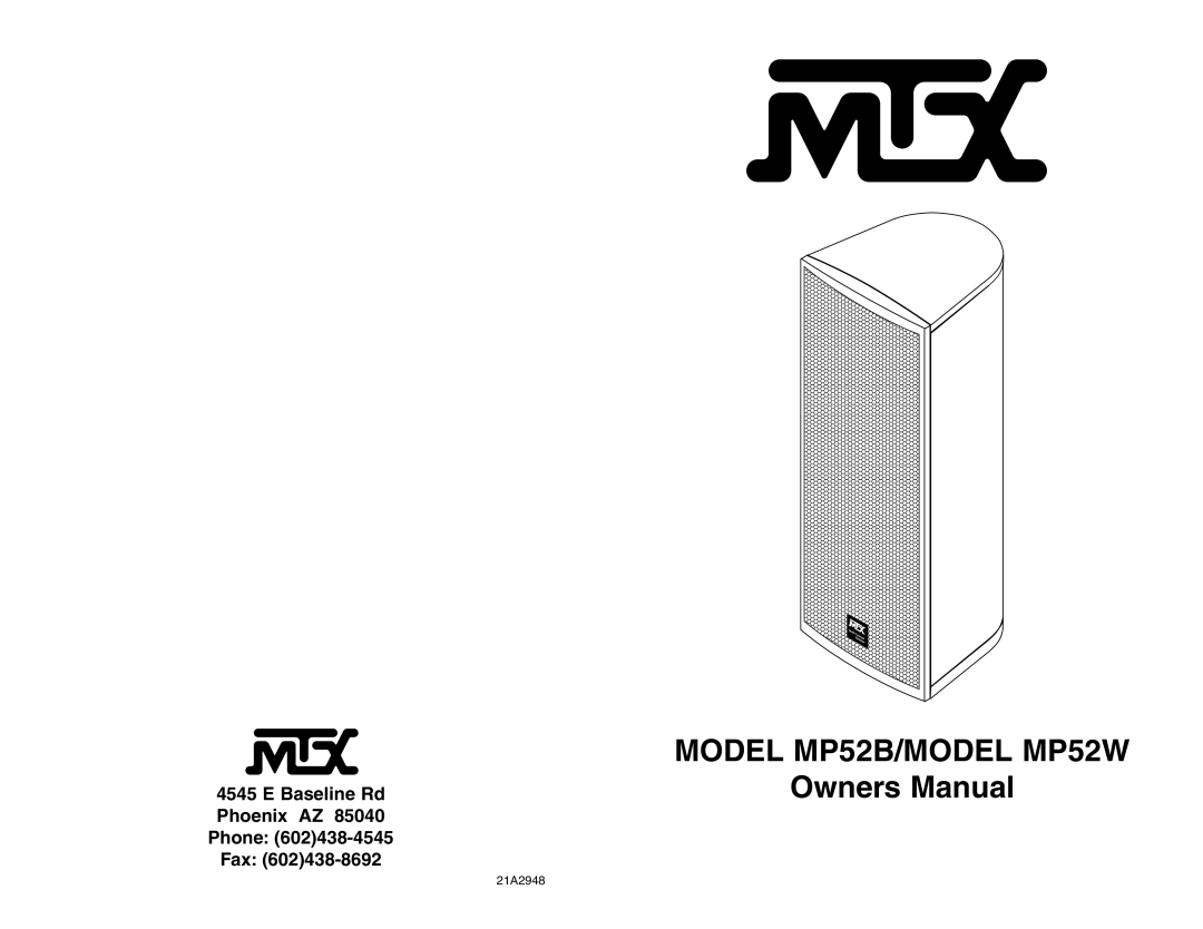 MTX Audio MP52B owner manual E Baseline Rd Phoenix AZ Phone Fax, 21A2948 