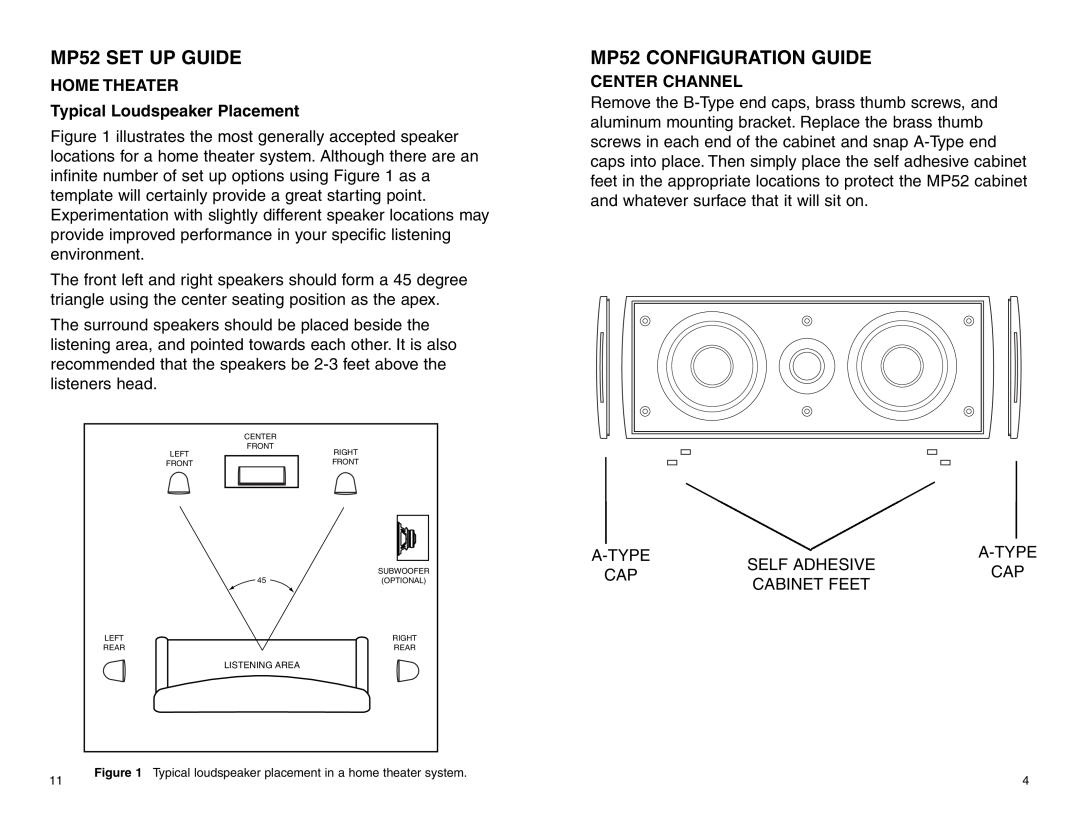 MTX Audio MP52B MP52 CONFIGURATION GUIDE, MP52 SET UP GUIDE, HOME THEATER Typical Loudspeaker Placement, Center Channel 