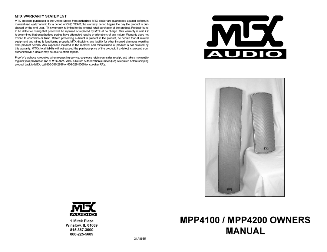 MTX Audio MPP4200, MPP4100 owner manual MTX Warranty Statement, Mitek Plaza Winslow, IL 