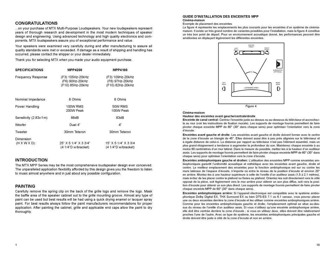 MTX Audio MPP4100, MPP4200 Congratulations, Introduction, Painting, Specifications, Guide D’INSTALLATION DES Enceintes MPP 