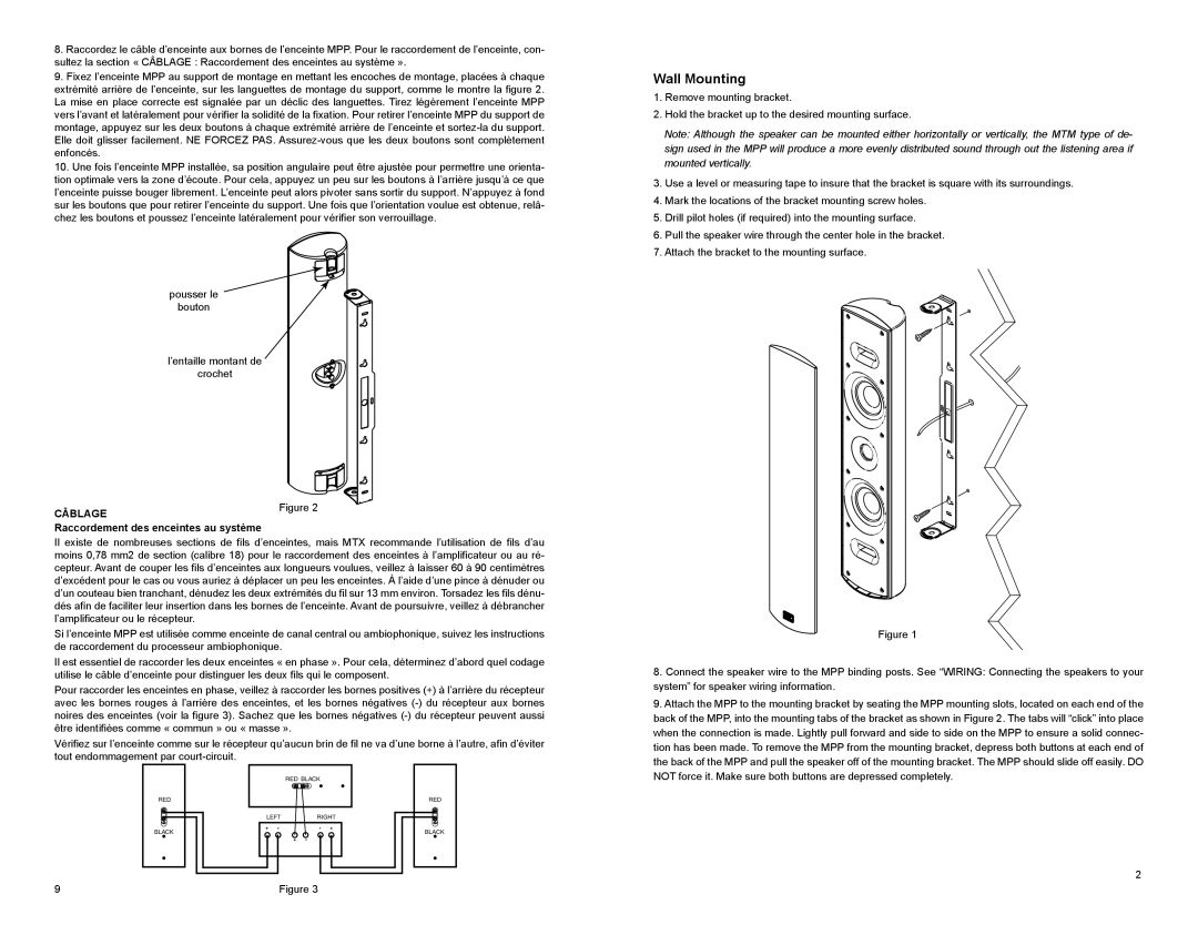 MTX Audio MPP4200, MPP4100 owner manual Wall Mounting, Câblage, Raccordement des enceintes au système 