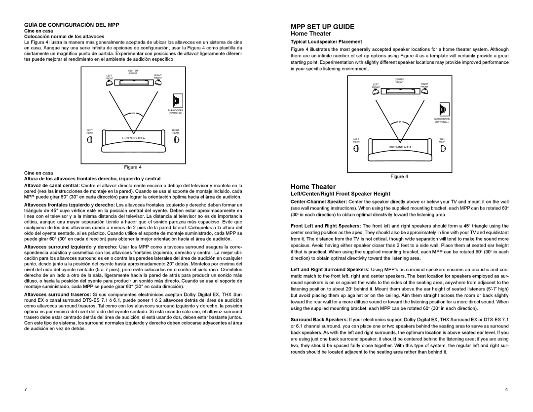 MTX Audio MPP4200 MPP SET UP Guide, Home Theater, Guía DE Configuración DEL MPP, Left/Center/Right Front Speaker Height 