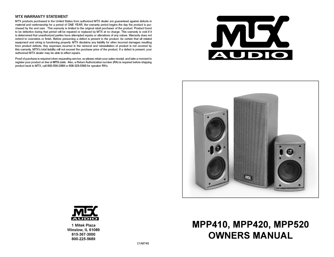 MTX Audio MPP410, MPP420, MPP520 owner manual MTX Warranty Statement, Mitek Plaza Winslow, IL 