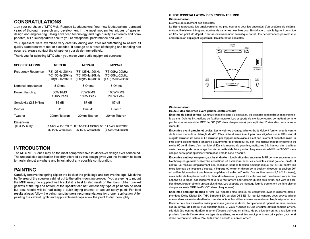 MTX Audio MPP520, MPP420 Congratulations, Introduction, Painting, Specifications, Guide D’INSTALLATION DES Enceintes MPP 