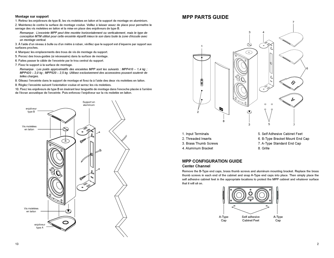 MTX Audio MPP420, MPP410, MPP520 owner manual MPP Parts Guide, MPP Configuration Guide, Center Channel, Montage sur support 