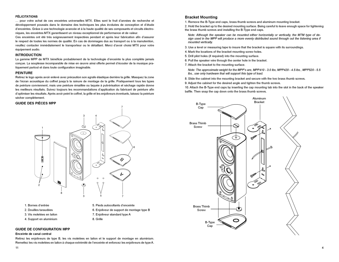 MTX Audio MPP520, MPP420, MPP410 Bracket Mounting, Introduction, Peinture, Guide DES Pièces MPP, Guide DE Configuration MPP 