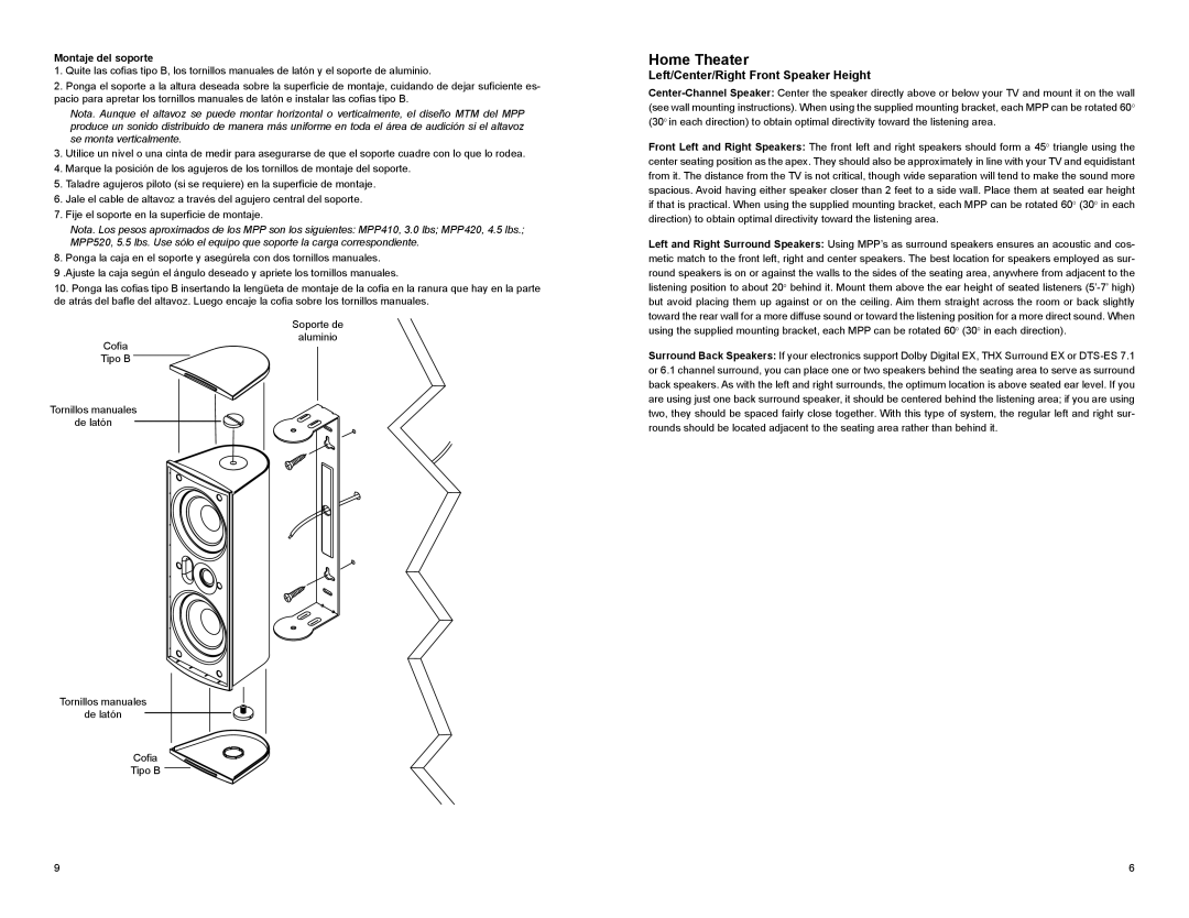 MTX Audio MPP410, MPP420, MPP520 owner manual Left/Center/Right Front Speaker Height, Montaje del soporte 