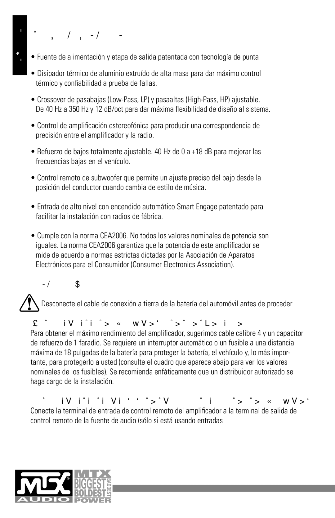 MTX Audio MXA4002 manual Características, Conecte el ampliﬁcador a la batería 