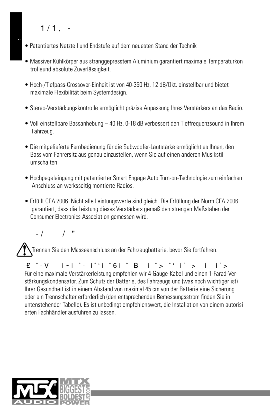 MTX Audio MXA4002 manual Feautures, Schließen Sie den Verstärker an die Batterie an 