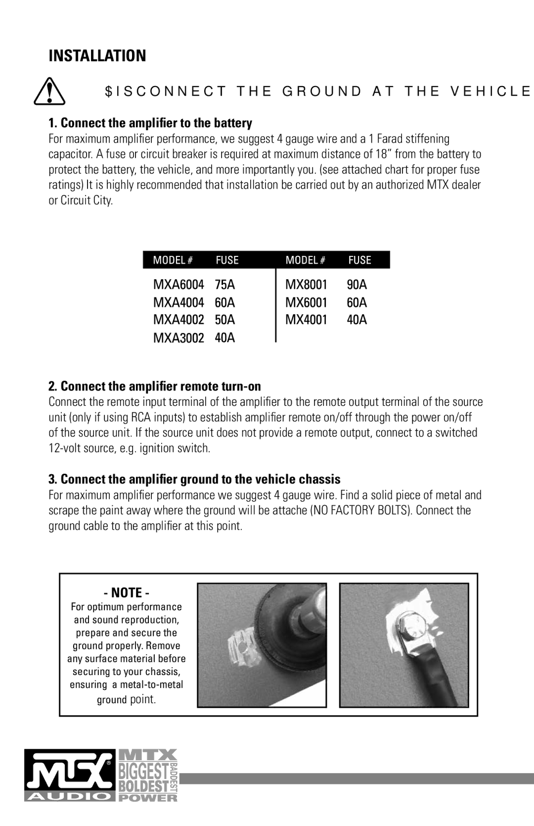 MTX Audio MXA4002 manual Installation, Connect the ampliﬁer to the battery, Connect the ampliﬁer remote turn-on 