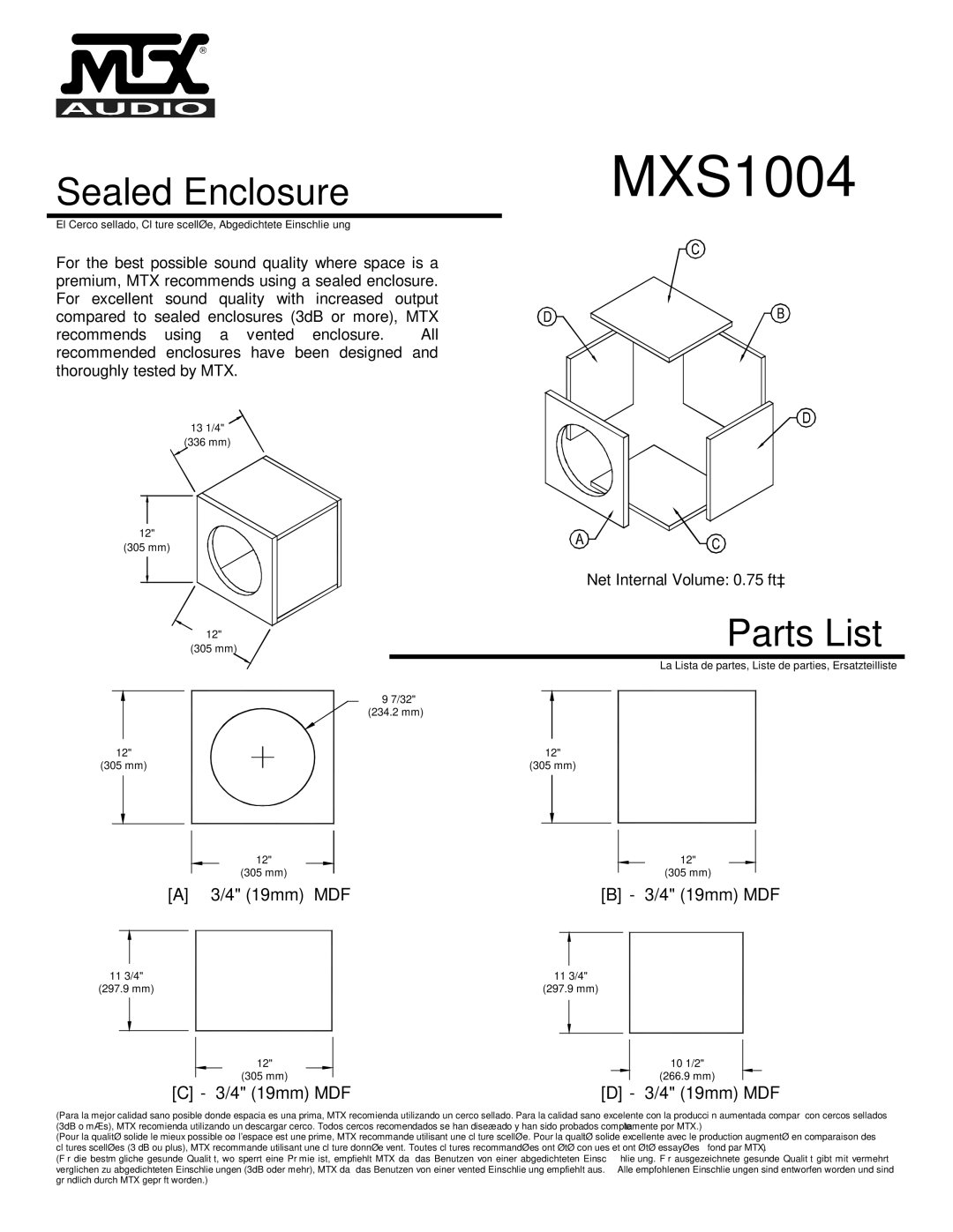 MTX Audio MXS1004 specifications Sealed Enclosure, Parts List 