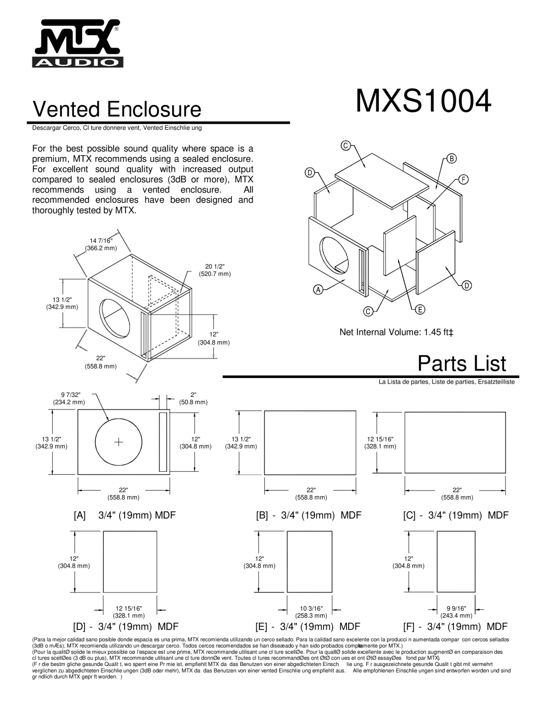 MTX Audio MXS1004 specifications Vented Enclosure 