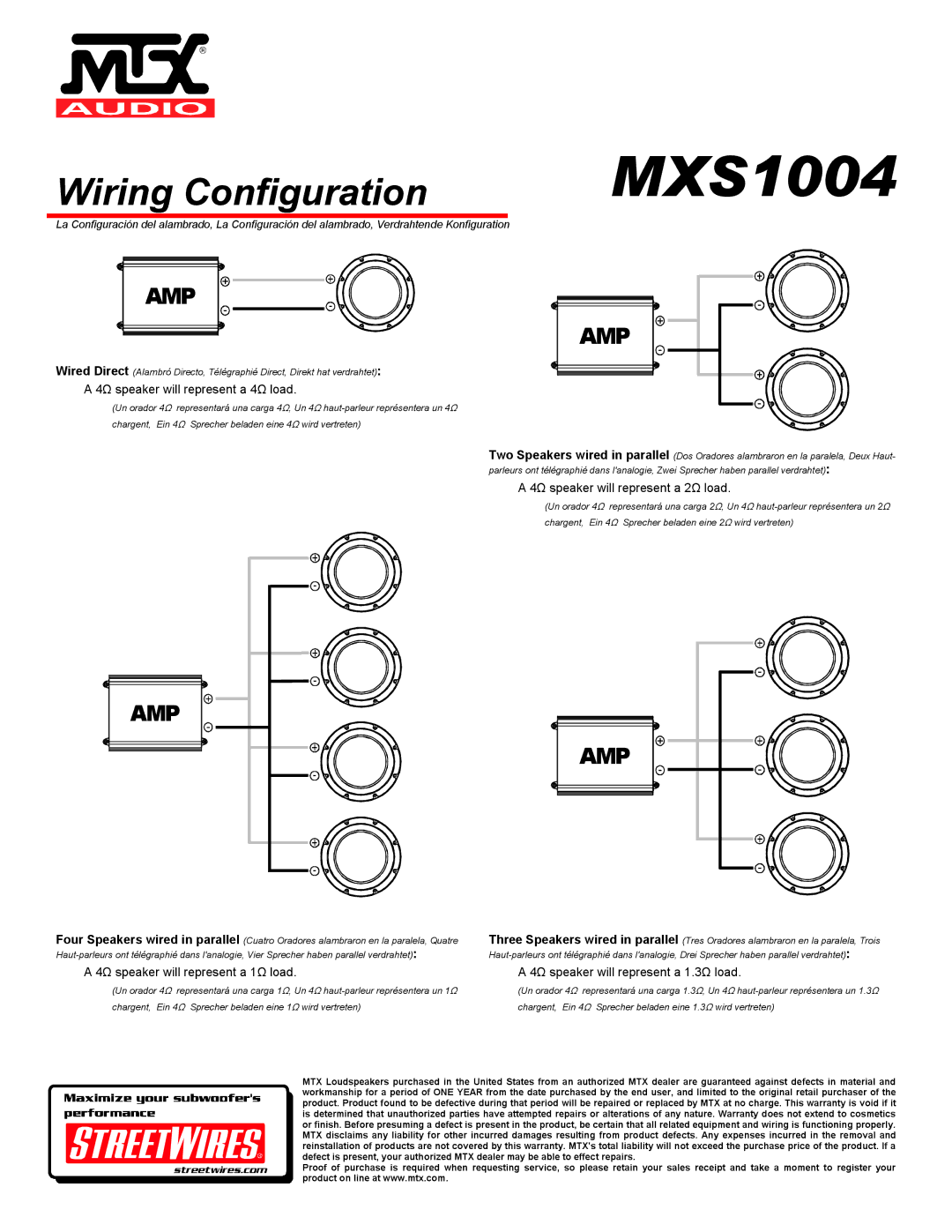 MTX Audio MXS1004 specifications Wiring Configuration, Amp 