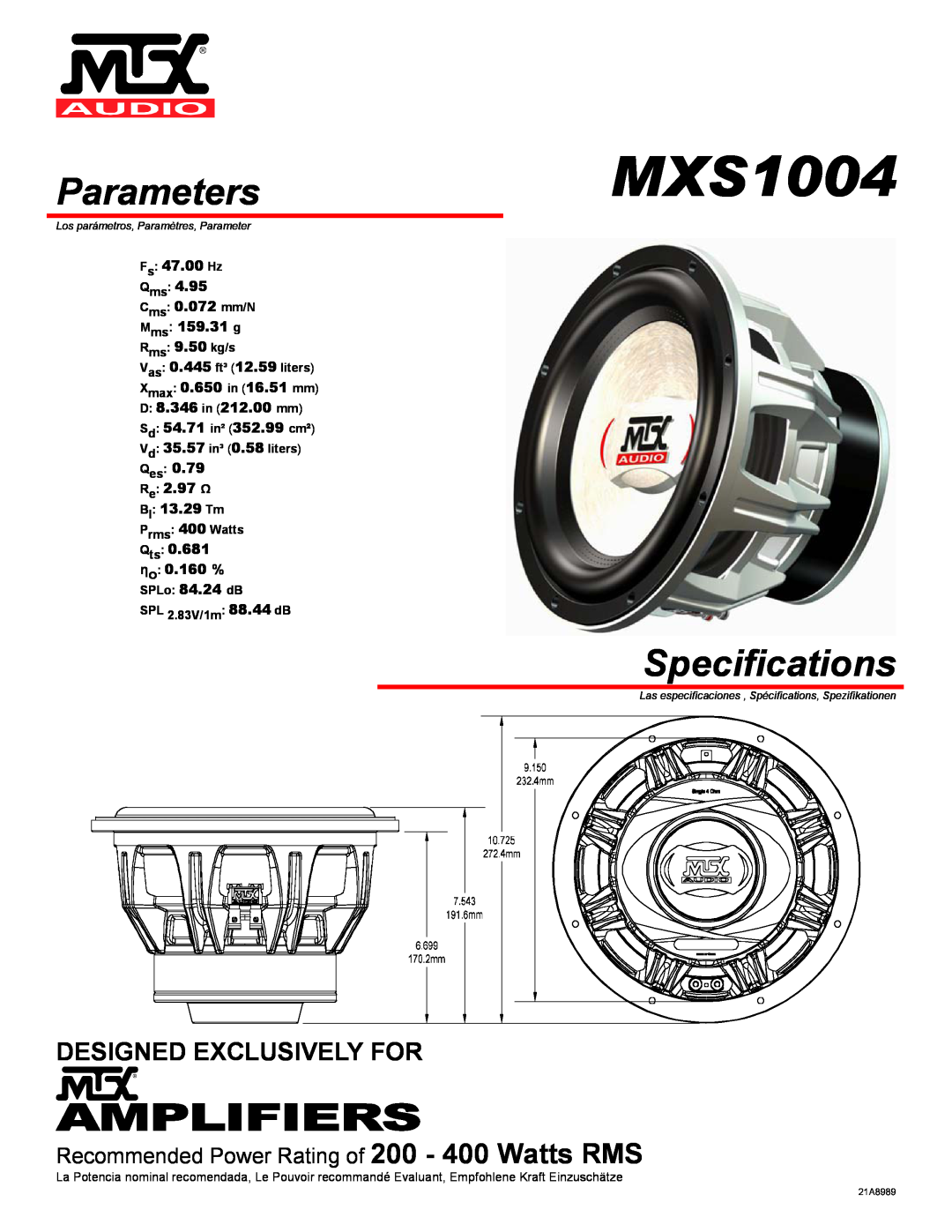 MTX Audio MXS1004 specifications Parameters, Specifications, Amplifiers, Designed Exclusively For, Fs 47.00 Hz Qms 