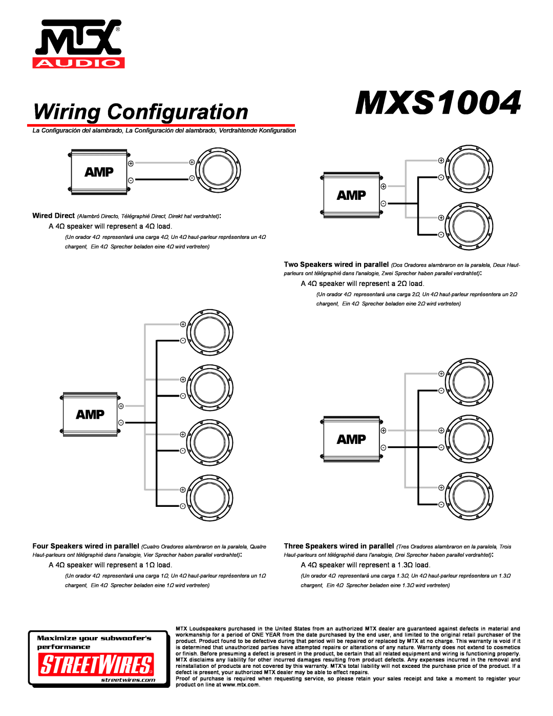 MTX Audio MXS1004 Wiring Configuration, A 4Ω speaker will represent a 4Ω load, A 4Ω speaker will represent a 2Ω load 