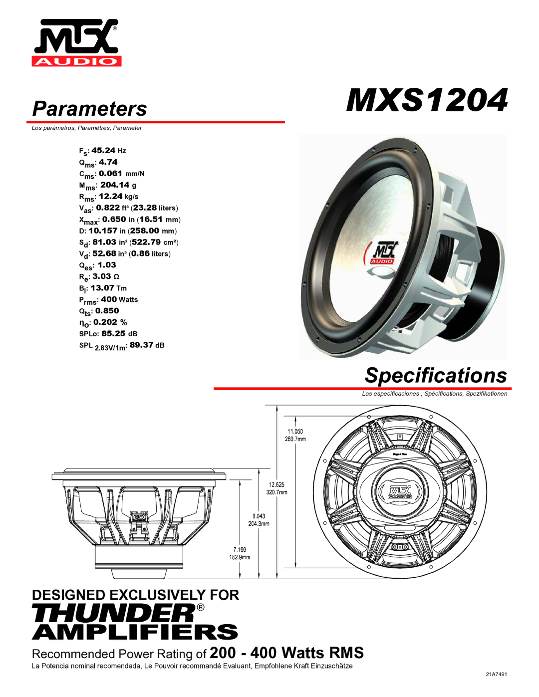 MTX Audio MXS1204 specifications Parameters, Specifications 