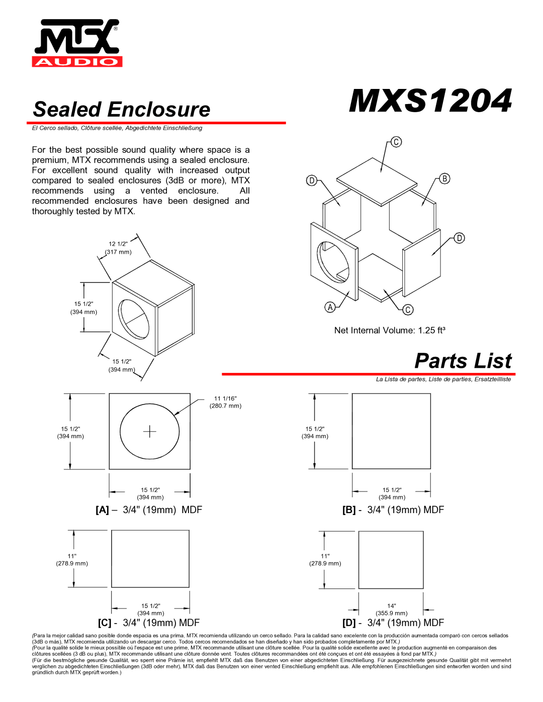 MTX Audio MXS1204 specifications Sealed Enclosure, Parts List 