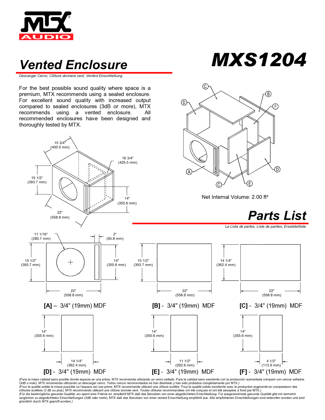 MTX Audio MXS1204 specifications Vented Enclosure 