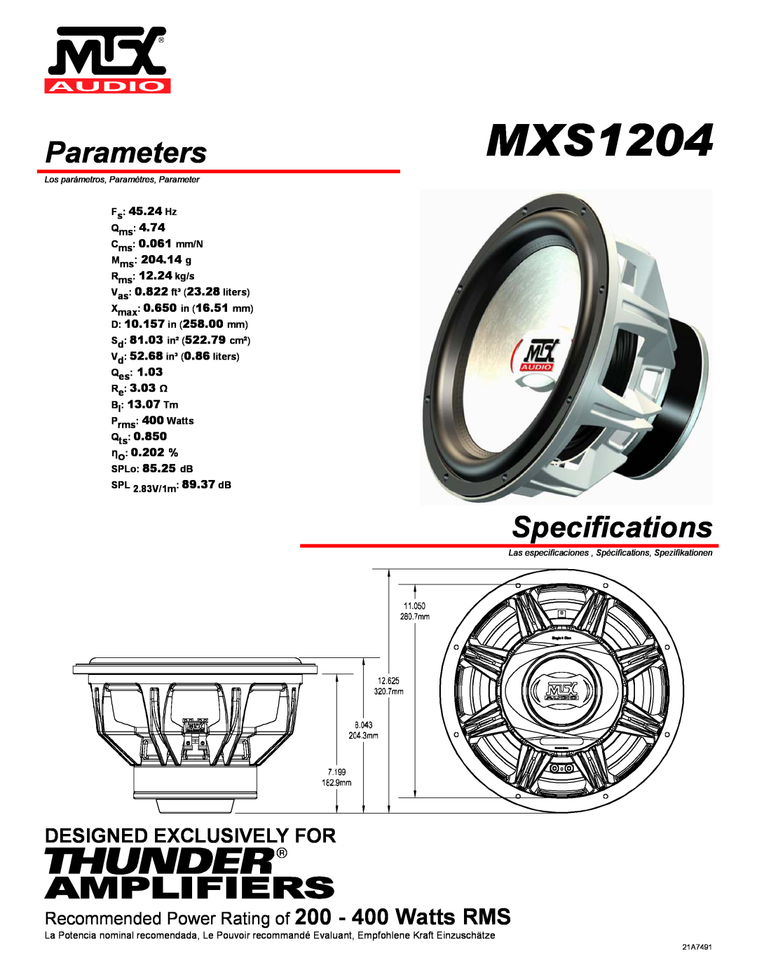 MTX Audio MXS1204 specifications Parameters, Specifications, Amplifiers, Designed Exclusively For, Fs 45.24 Hz Qms 