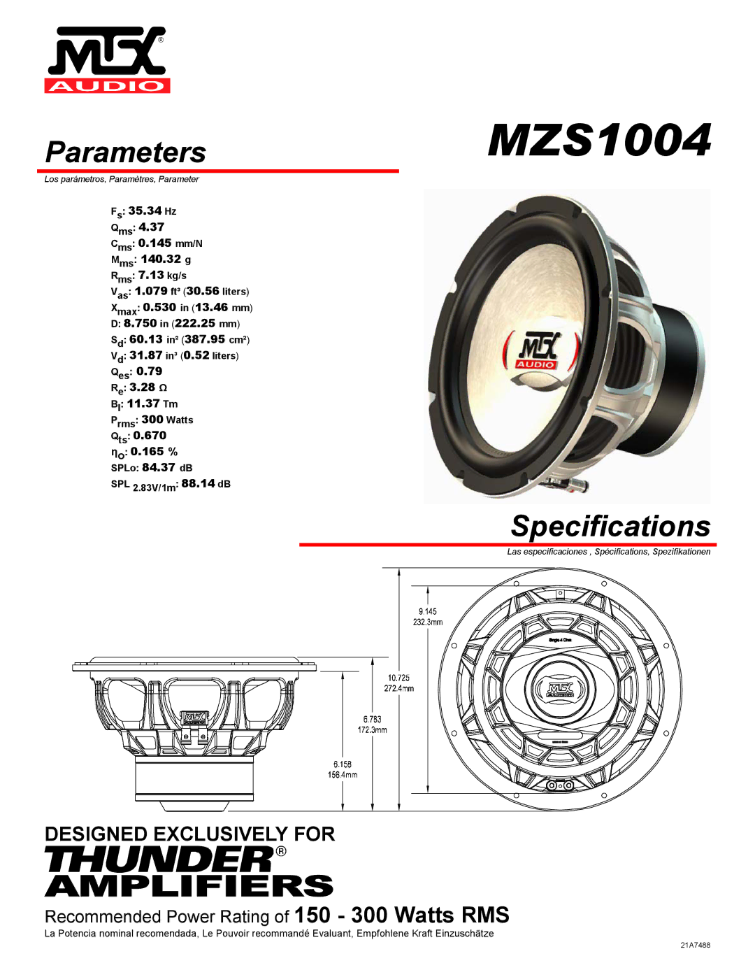 MTX Audio MZS1004 specifications Parameters, Specifications 