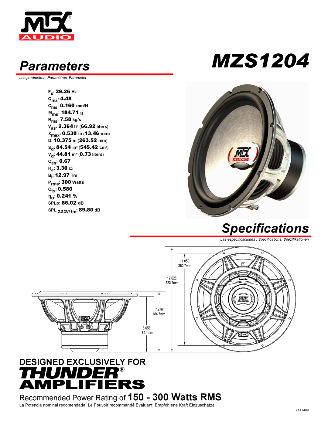 MTX Audio MZS1204 specifications Parameters, Specifications 