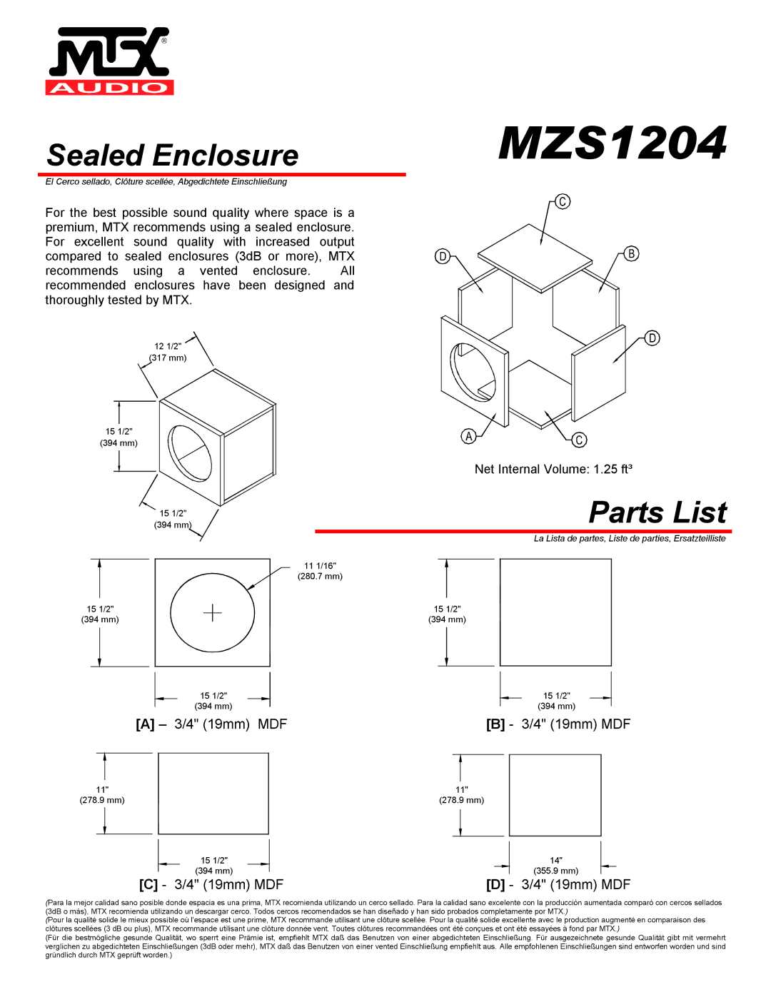 MTX Audio MZS1204 specifications Sealed Enclosure, Parts List 