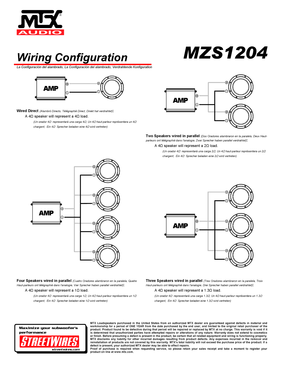 MTX Audio MZS1204 specifications Wiring Configuration, Amp 