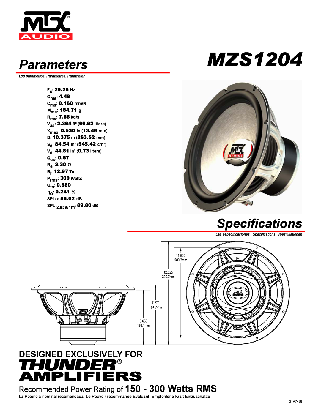 MTX Audio MZS1204 specifications Parameters, Specifications, Amplifiers, Designed Exclusively For, Fs 29.26 Hz Qms 