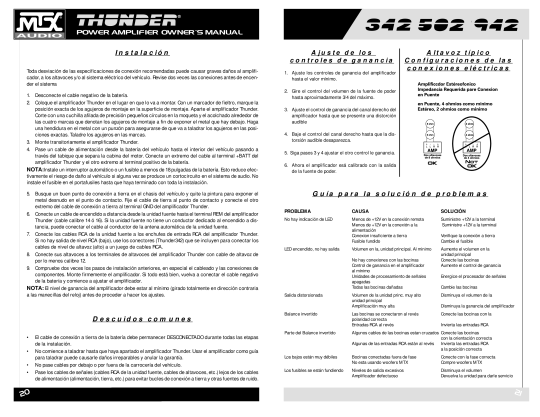 MTX Audio POWER AMPLIFIE owner manual Instalación, Descuidos comunes, Guía para la solución de problemas 