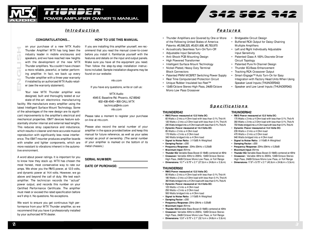 MTX Audio POWER AMPLIFIE owner manual Introduction Features, Specifications 