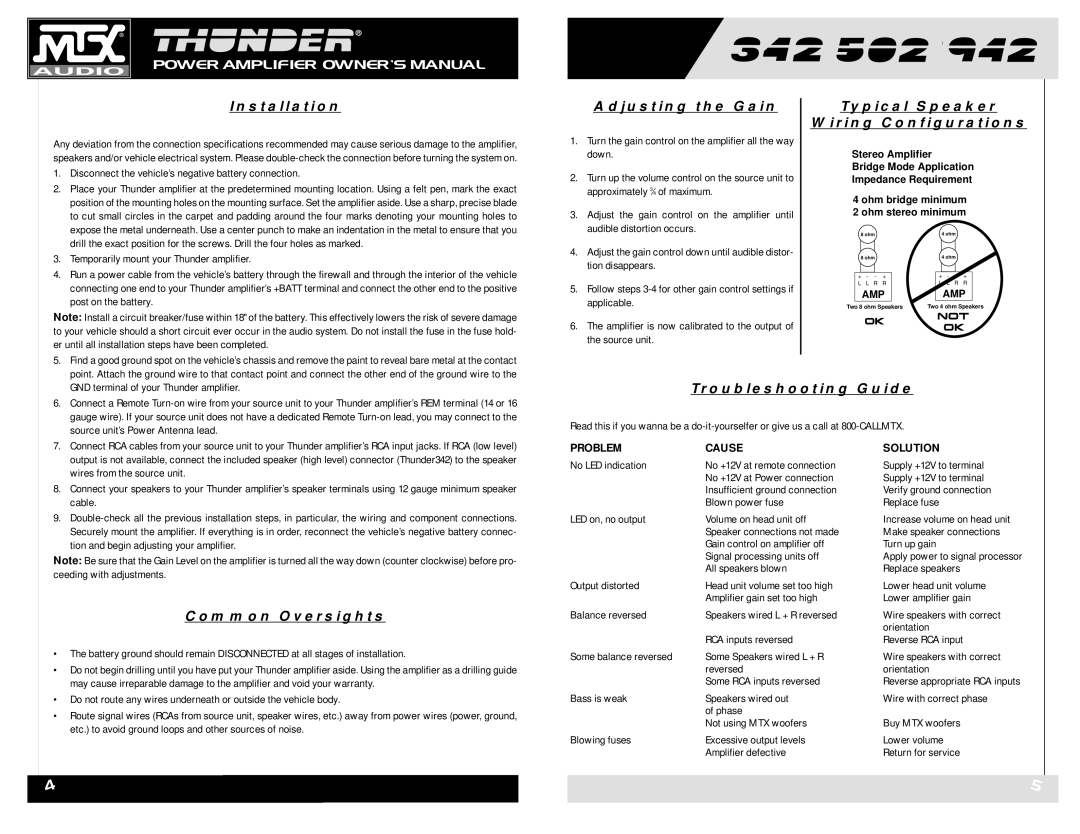 MTX Audio POWER AMPLIFIE Installation, Adjusting the Gain, Typical Speaker Wiring Configurations, Troubleshooting Guide 